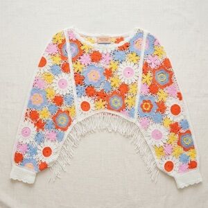 House of Harlow 1960 Crochet Floral Fringe Sweater Boho Shrug Coverup NWT